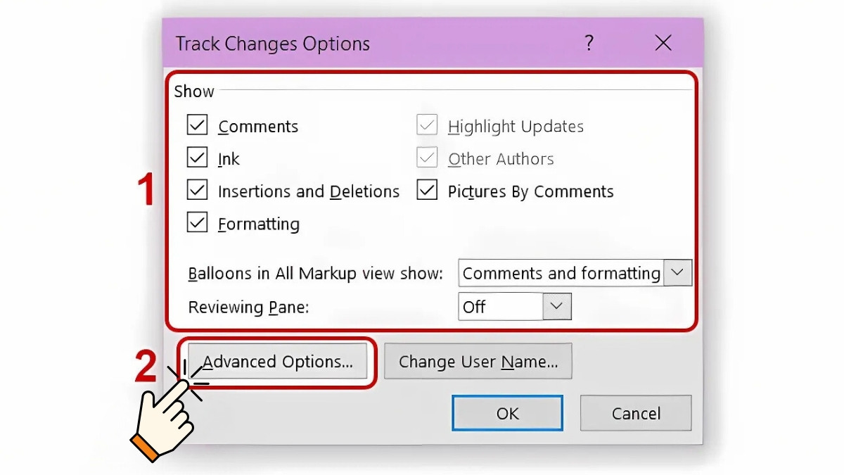 Cách sử dụng Track Changes trong Word thay đổi cài đặt - bước 2
