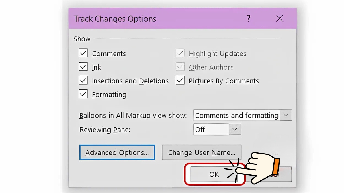 Cách sử dụng Track Changes trong Word thay đổi cài đặt - bước 4