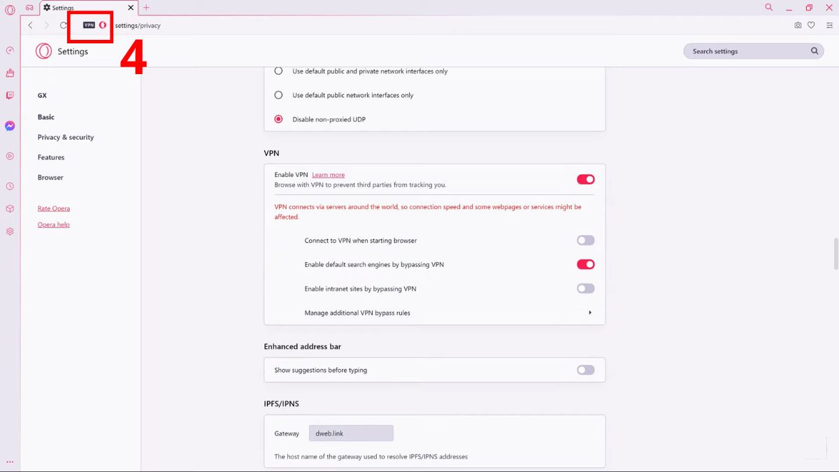 Cách sử dụng VPN trên trình duyệt Opera trên window và linux - bước 4