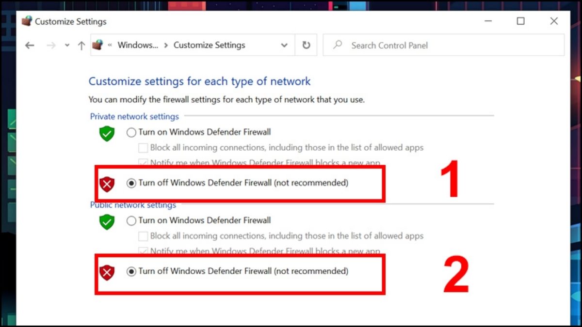 Tắt tường lửa để sửa wifi bị limited access bước 3