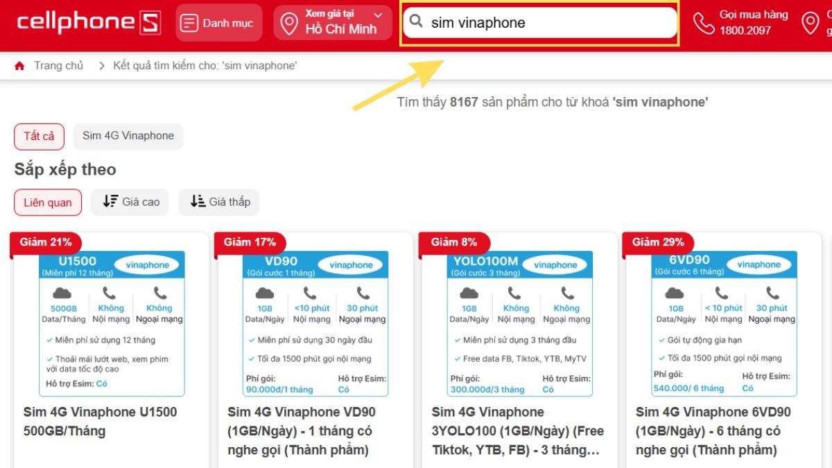 Cách mua SIM 0914 mạng Vinaphone tại CellphoneS: Bước 1