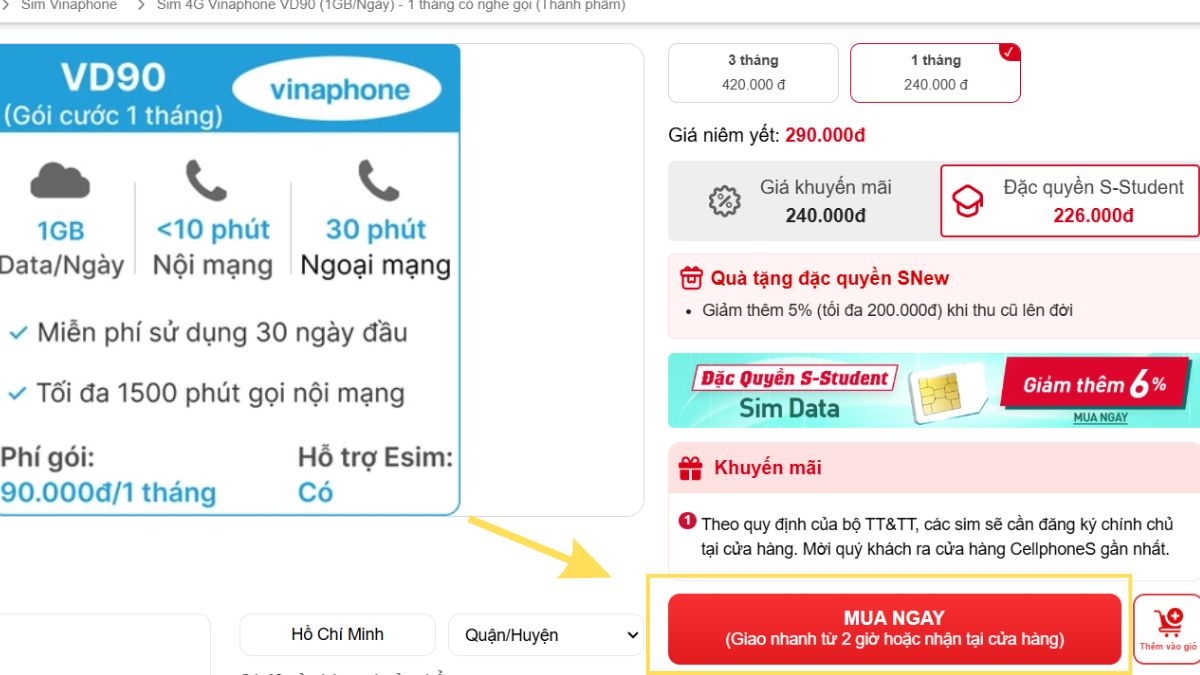Cách mua SIM 0914 mạng Vinaphone tại CellphoneS: Bước 2