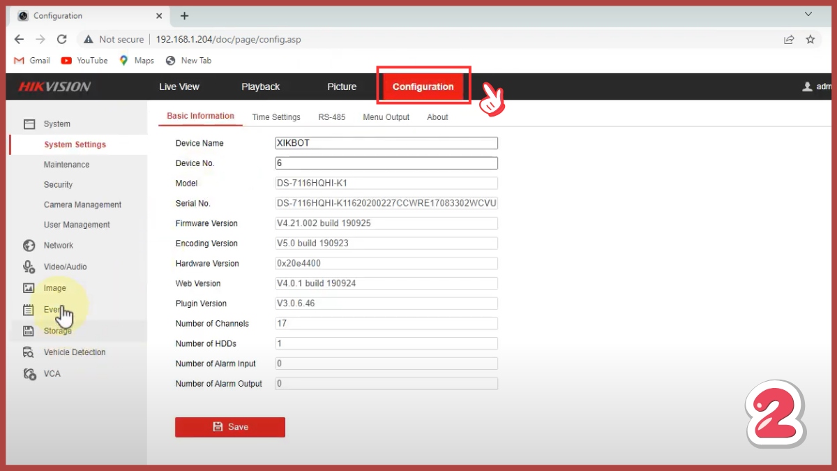 Cách add camera Ezviz vào đầu ghi Hikvision bằng trình duyệt web - nhấn chọn tab cấu hình