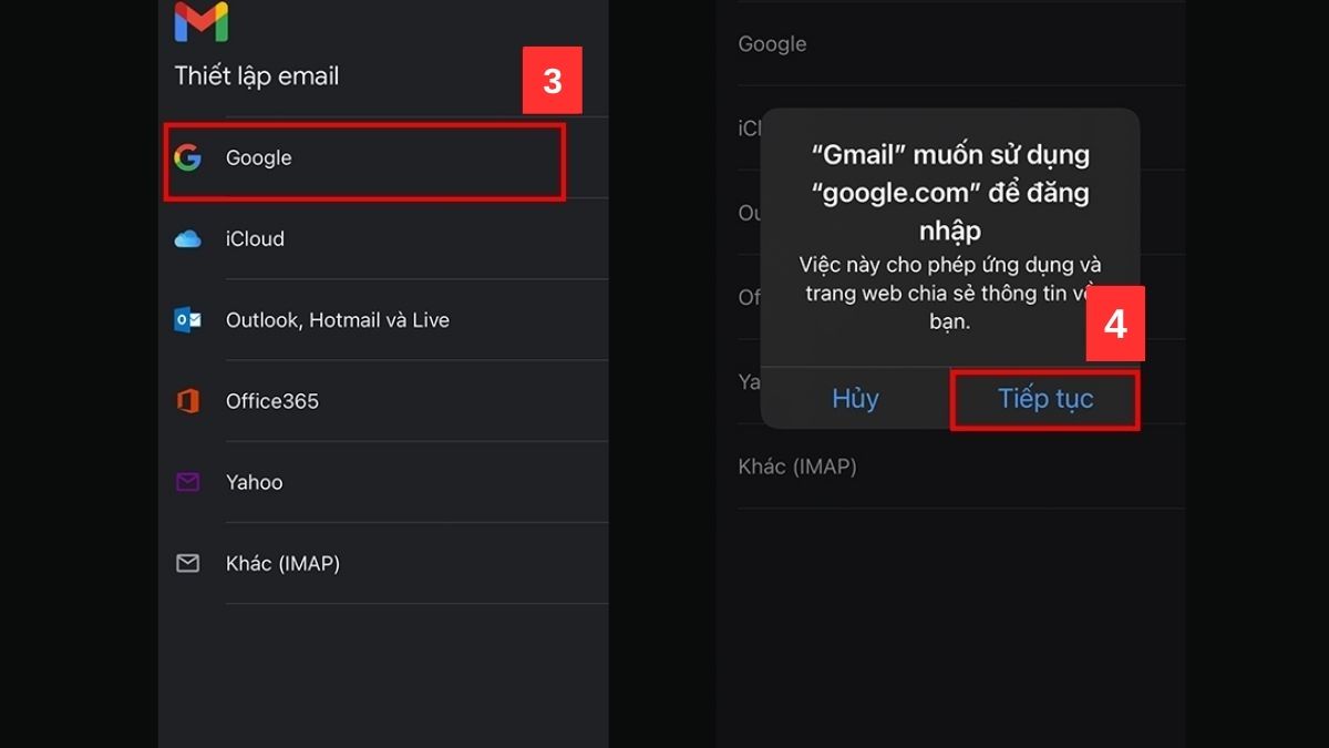 Chọn vào Google và Tiếp tục