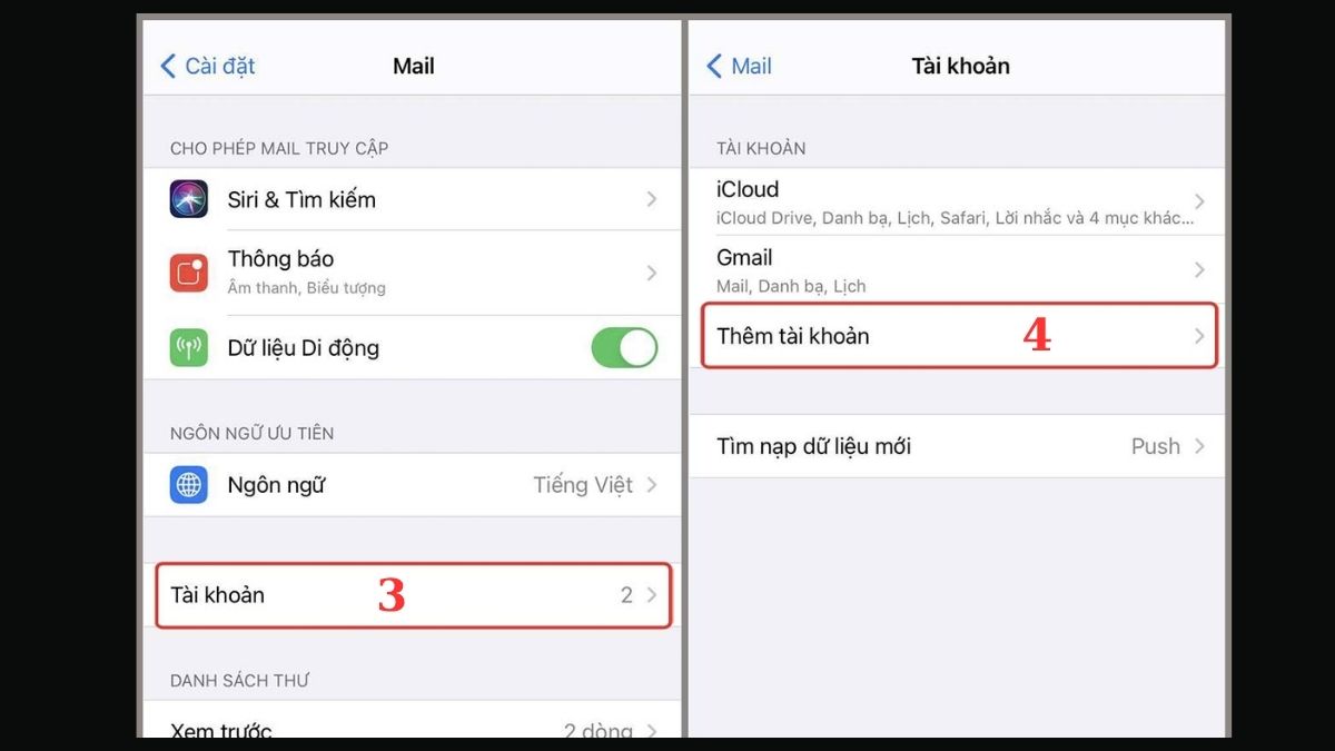 Chọn tiếp vào Tài khoản và Thêm tài khoản