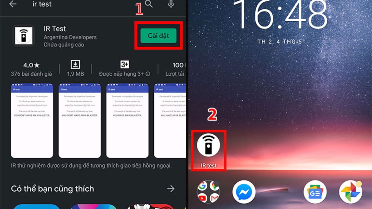Cài đặt ứng dụng IR Test và khởi động app