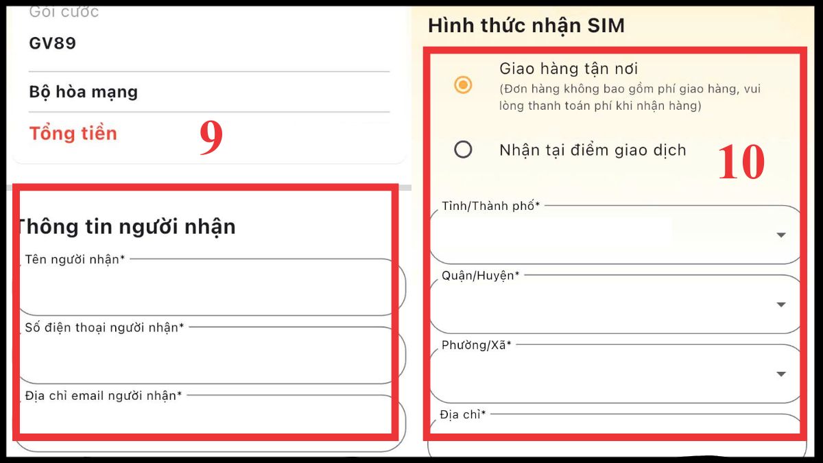 Điền thông tin người nhận và chọn hình thức nhận SIM