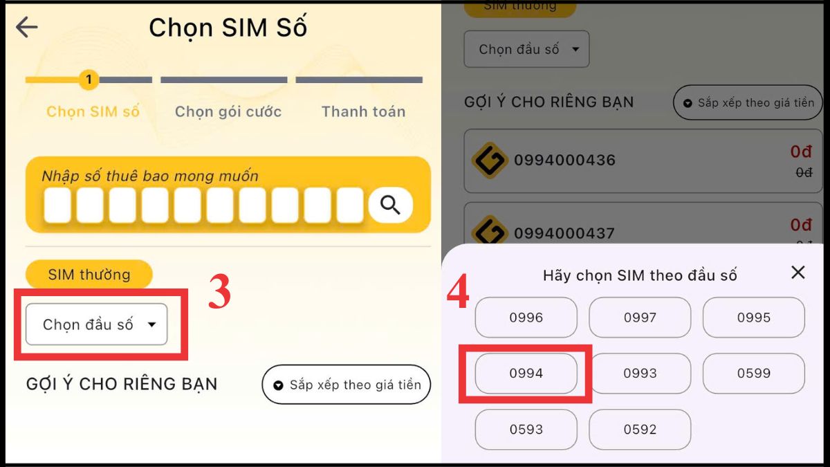 Nhấn Chọn đầu số và chọn đầu số 0994