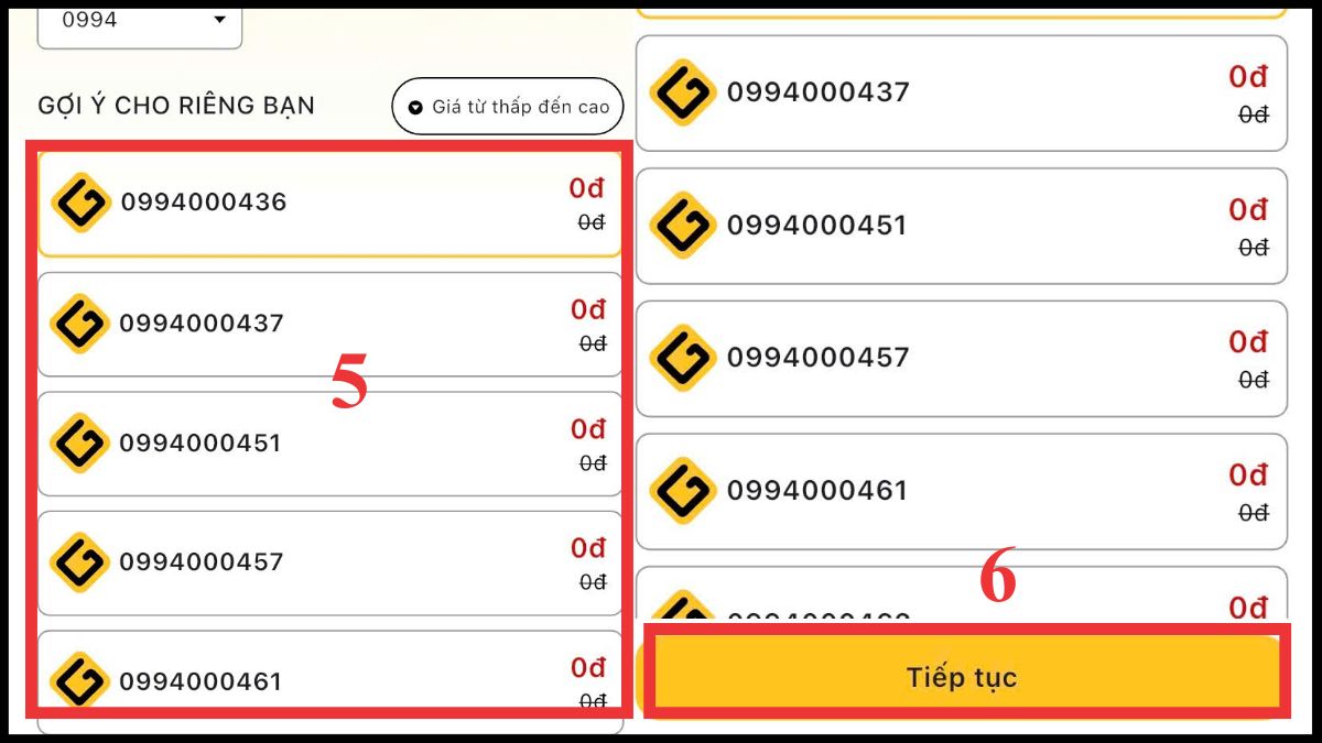 Chọn số điện thoại và Tiếp tục