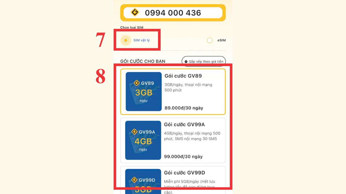 Chọn loại SIM và chọn gói cước phù hợp