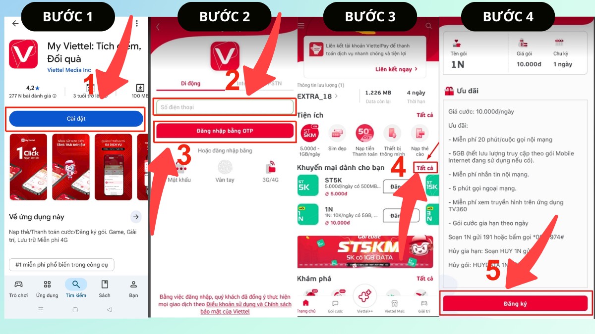 Thao tác đăng ký gói 1N Viettel qua app