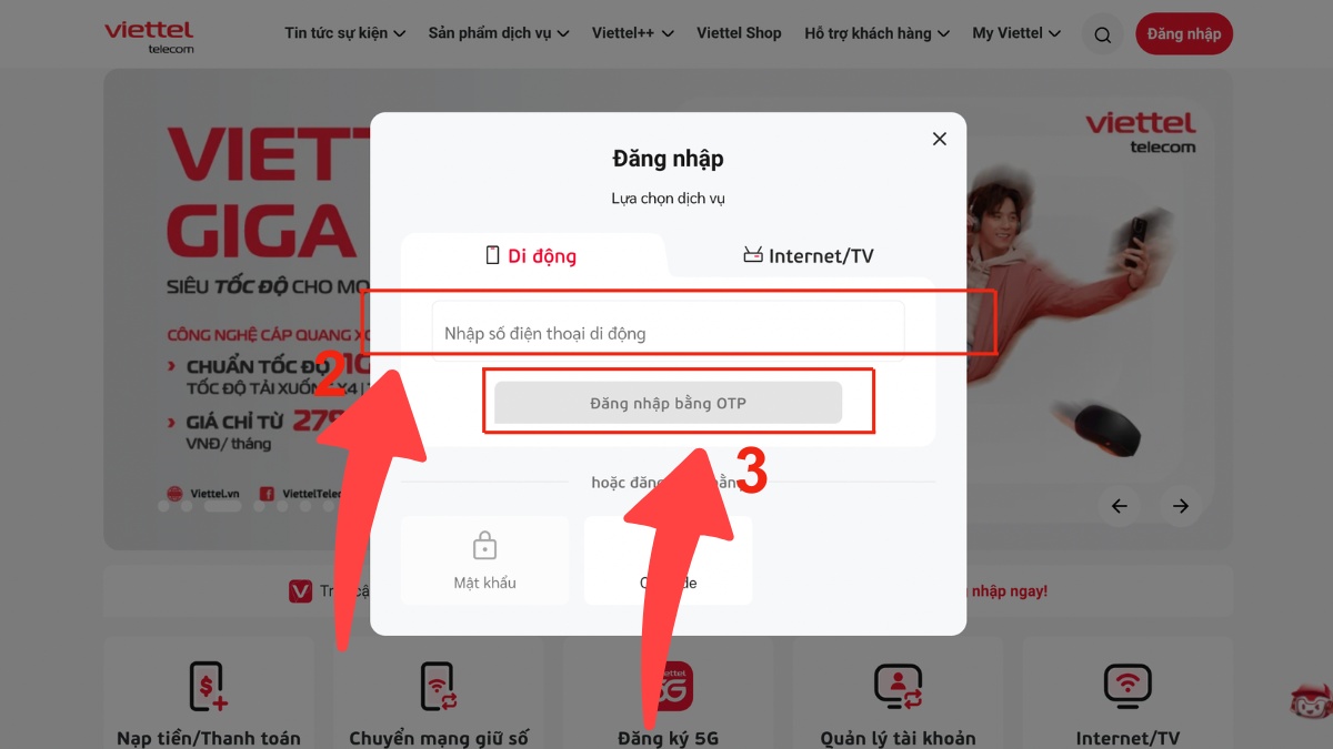 Đăng nhập bằng số điện thoại và mã OTP