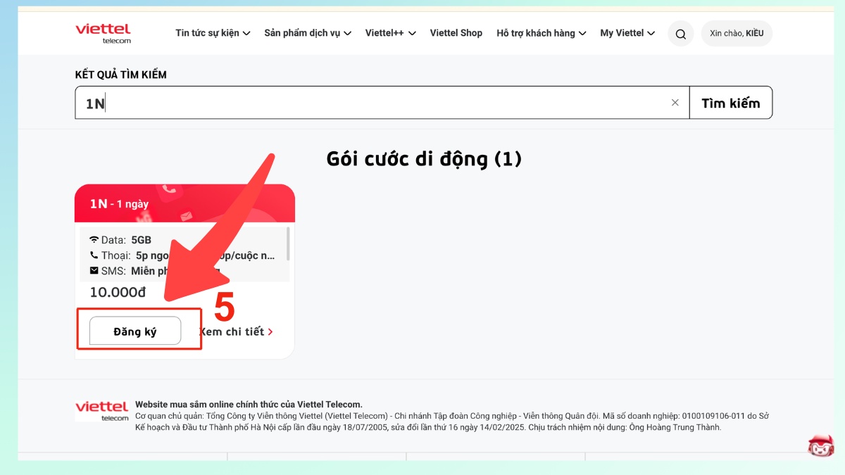 Đăng ký gói 1N trên website