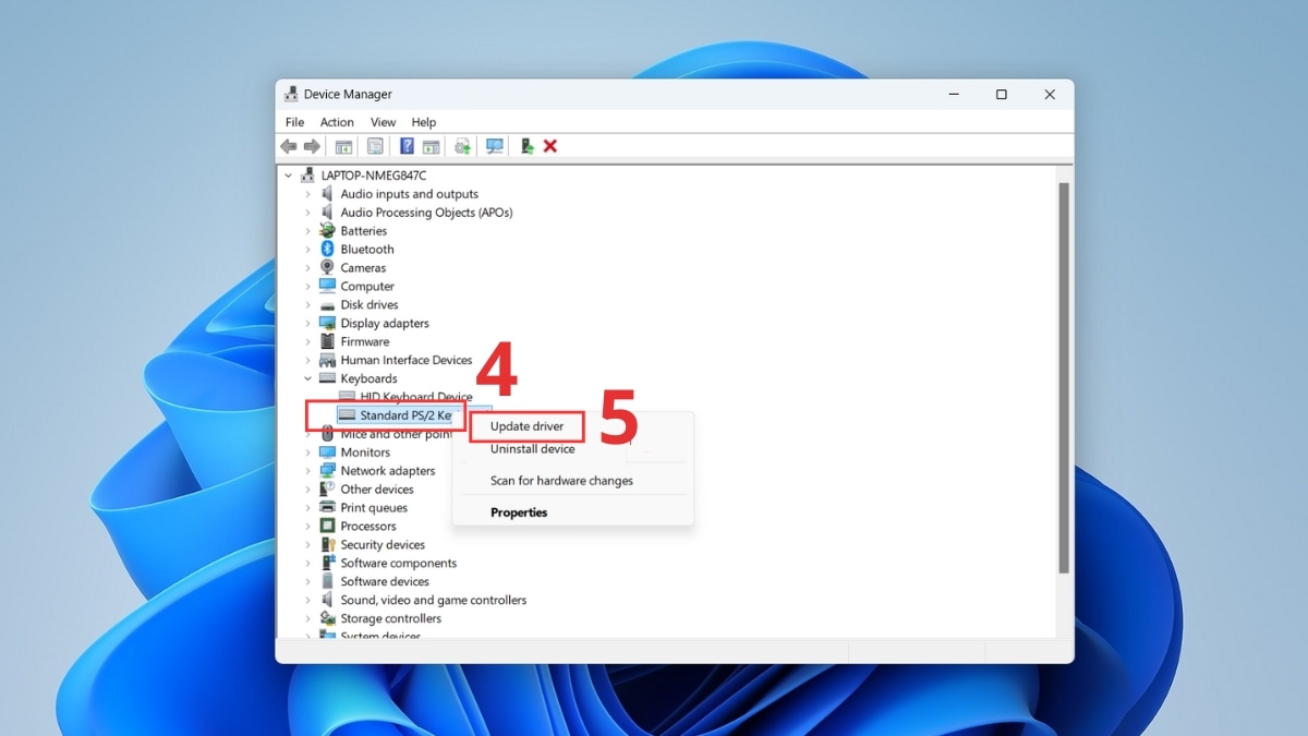 Tìm đến mục Standard PS/2 Keyboard và Update driver