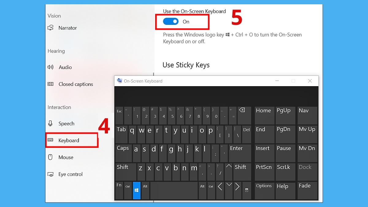 Chuyển tùy chọn bàn phím ảo sang trạng thái On