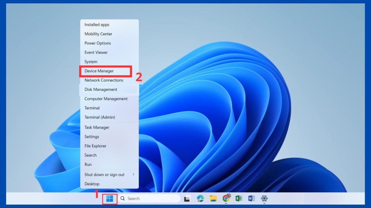 Vào mục Device Manager trong Start