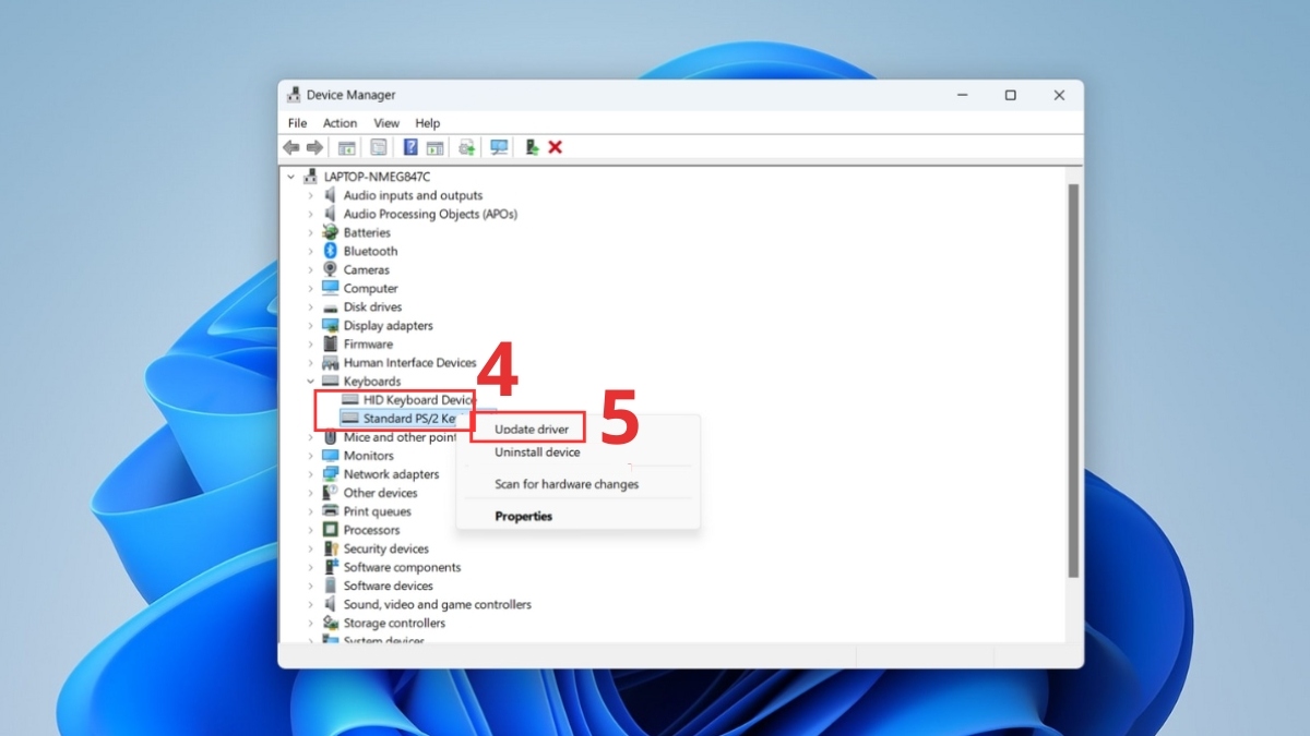 Làm mới lại driver bàn phím thông qua Device Manager