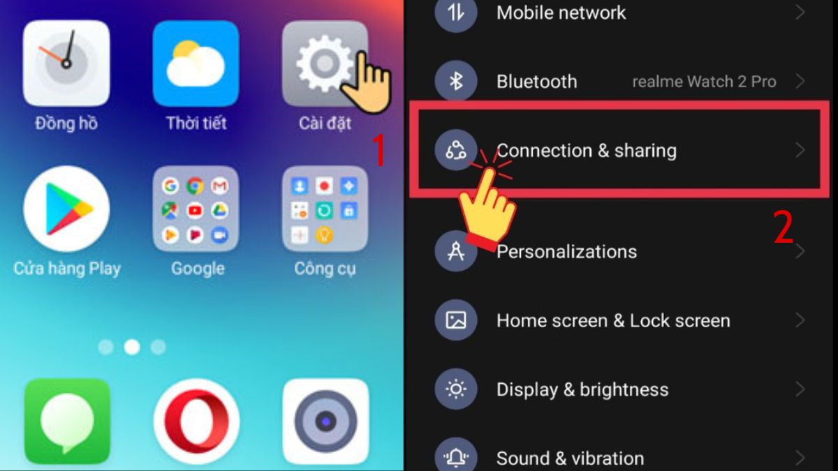 Mở Cài đặt và chọn vào Connection & sharing