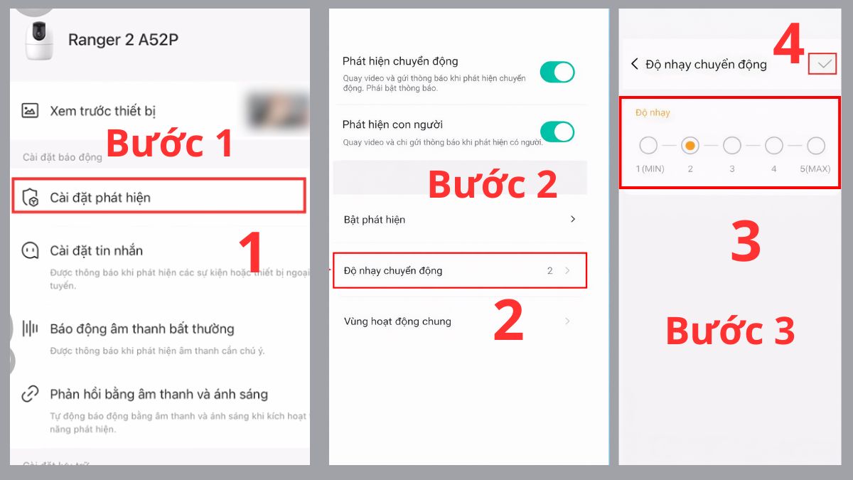 Vào mục Cài đặt phát hiện và thực hiện thiết lập độ nhạy chuyển động