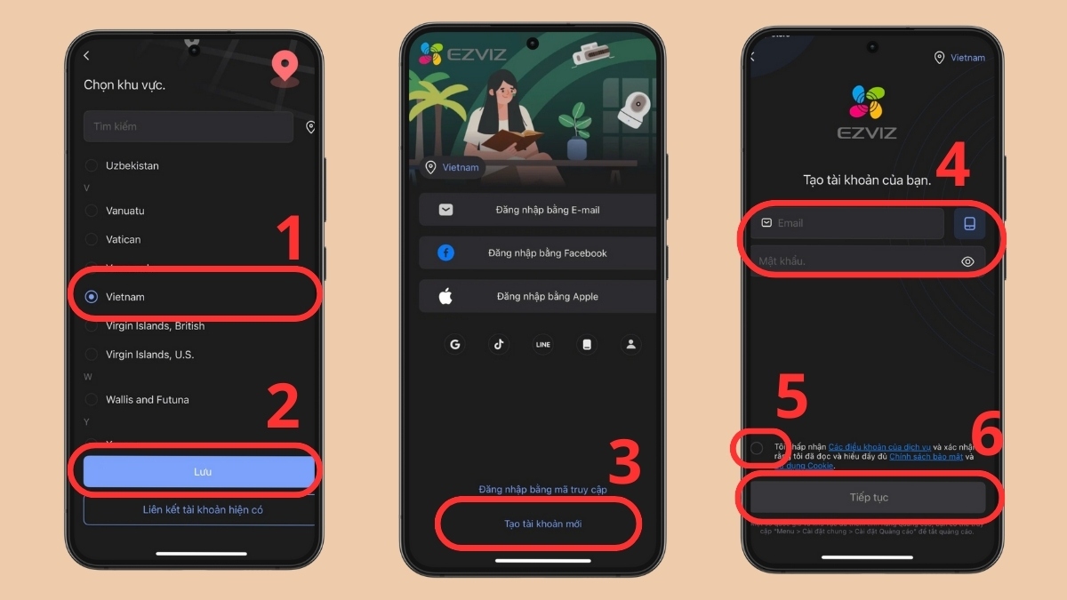 Mở ứng dụng Ezviz và tạo tài khoản đăng nhập