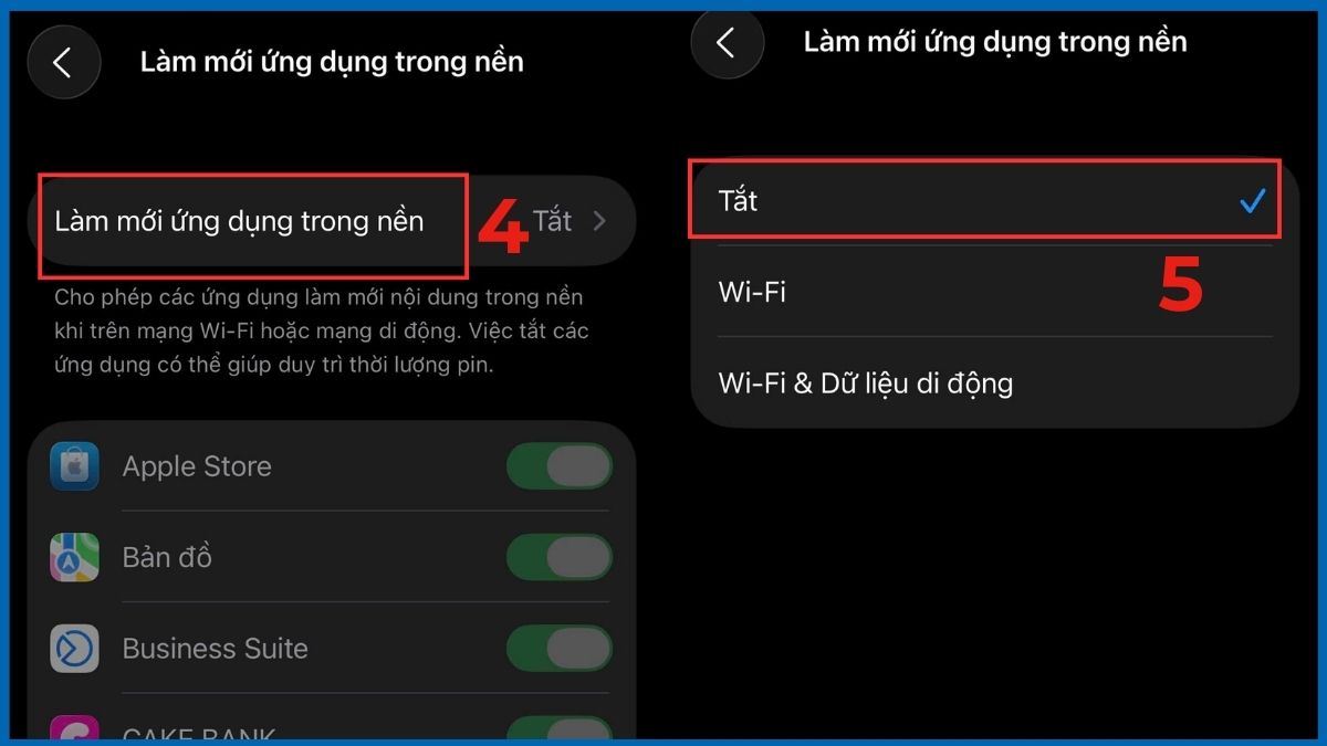 Tắt mục Làm mới ứng dụng trong nền