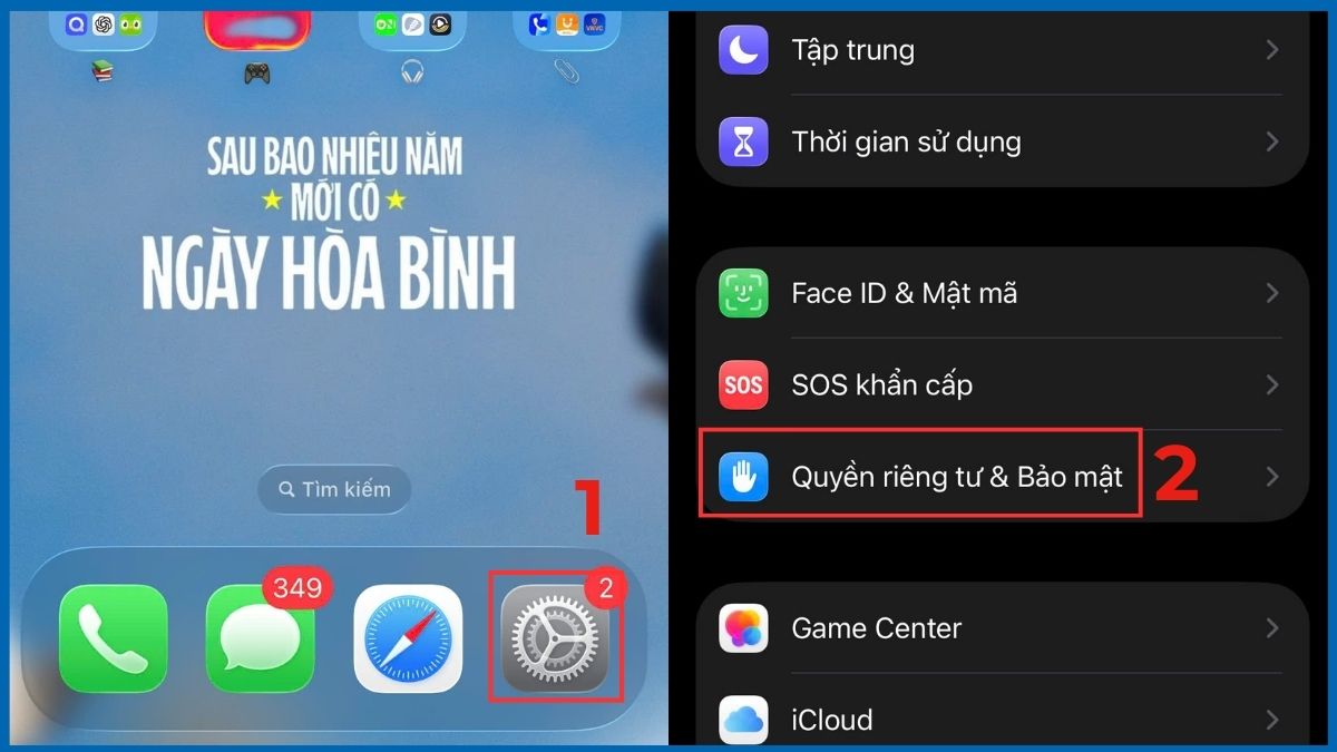 Vào mục Quyền riêng tư & Bảo mật
