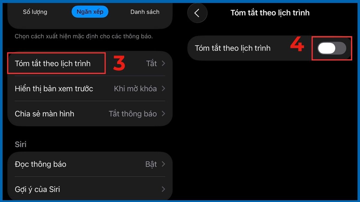 Tắt chức năng Tóm tắt theo lịch trình