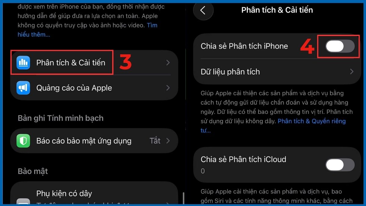 Chọn Phân tích & Cải tiến và tắt chia sẻ Phân tích iPhone
