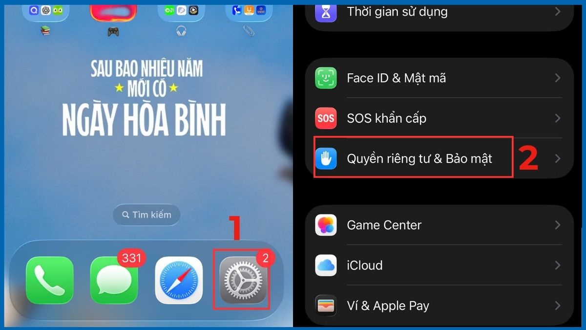 Bật Quyền riêng tư & Bảo mật trong Cài đặt