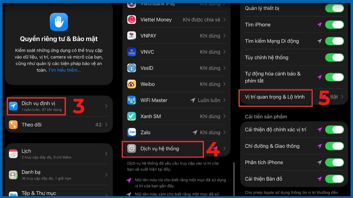 Truy cập vào mục Vị trí quan trọng & Lộ trình