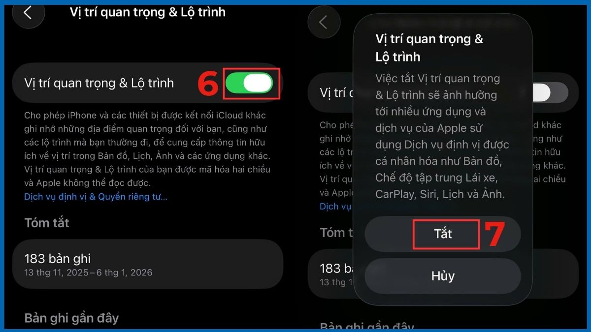Tắt Vị trí quan trọng & Lộ trình