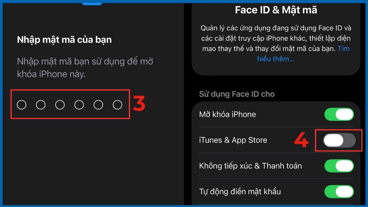 Tắt quyền mật mã Face ID/ Touch ID