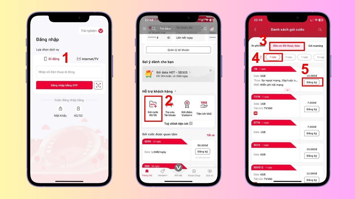 Đăng nhập và thực hiện thao tác đăng ký gói data