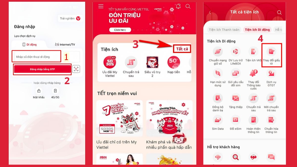 Đăng nhập vào ứng My Viettel và tìm đến mục Thay đổi giấy tờ