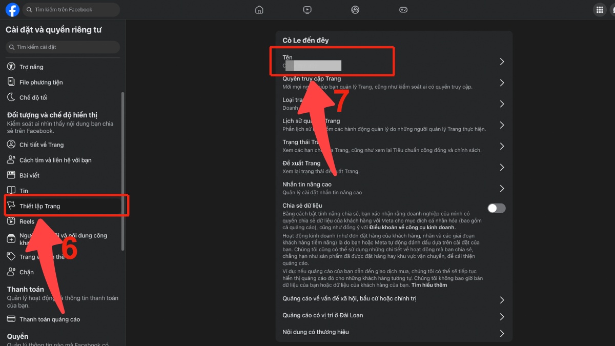 Chọn Thiết laọa Trang và Tên người dùng