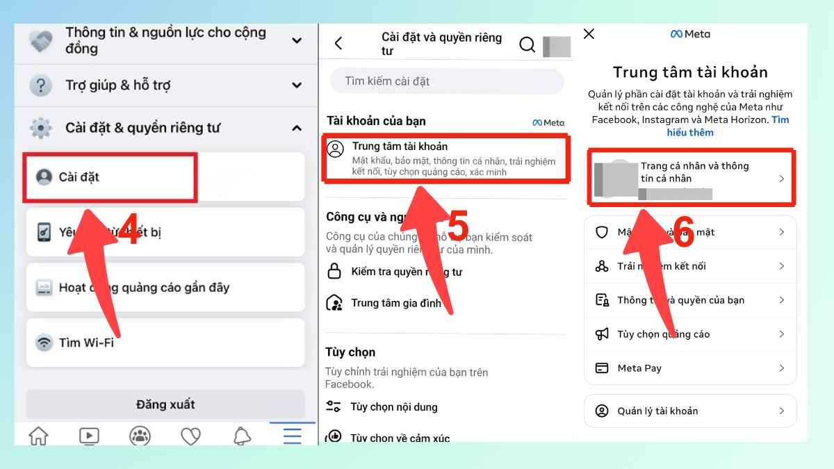 Tìm đến mục Trang cá nhân và thông tin cá nhân trong mục Cài đặt