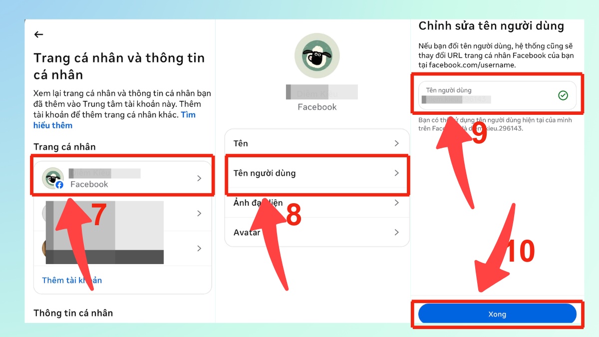 Tìm đến mục tài Facebook và nhấn vào Tên người dùng