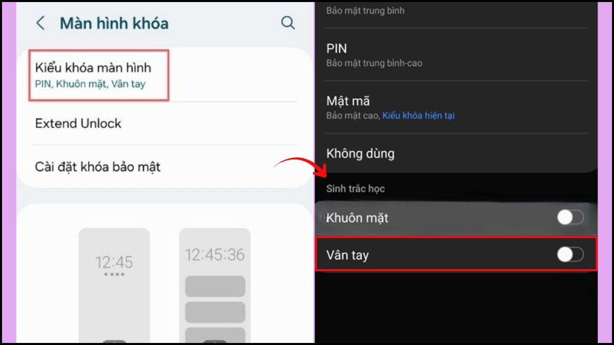 Kích hoạt khóa bằng vân tay trong mục Kiểu khóa màn hình