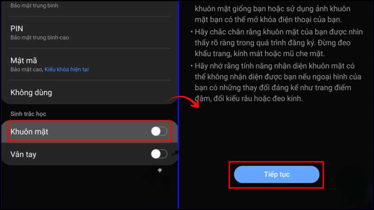 Kích hoạt mở khóa bằng Khuôn mặt