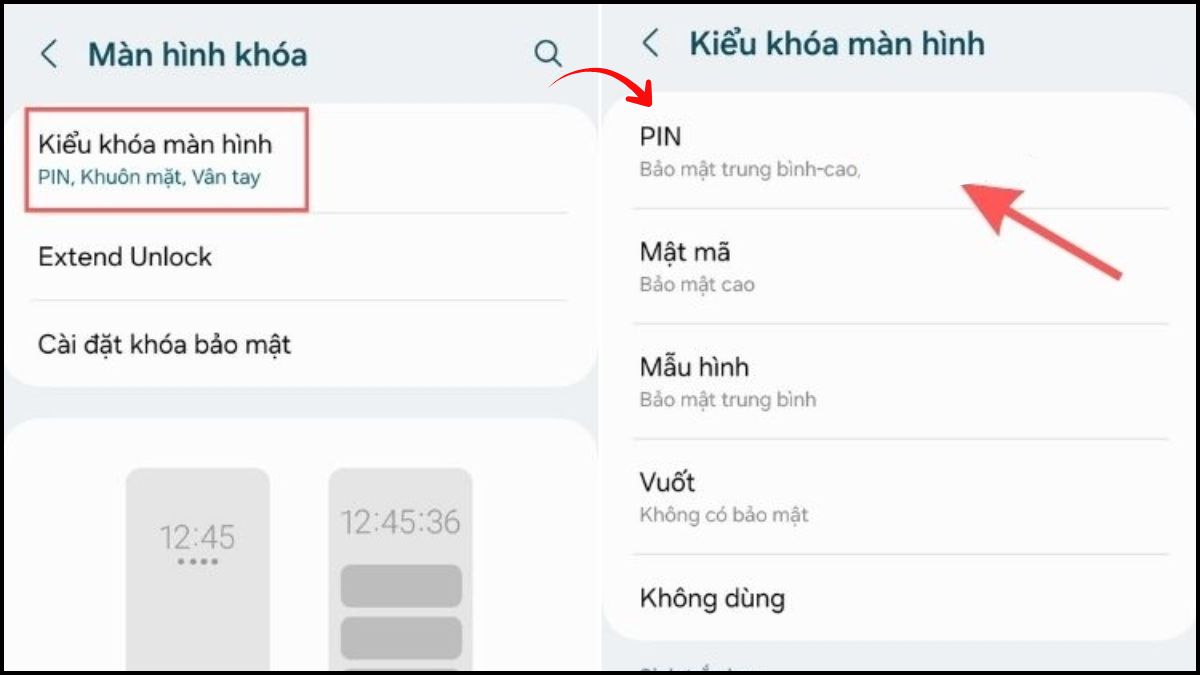 Tìm đến mục PIN trong mục Kiểu khóa màn hình
