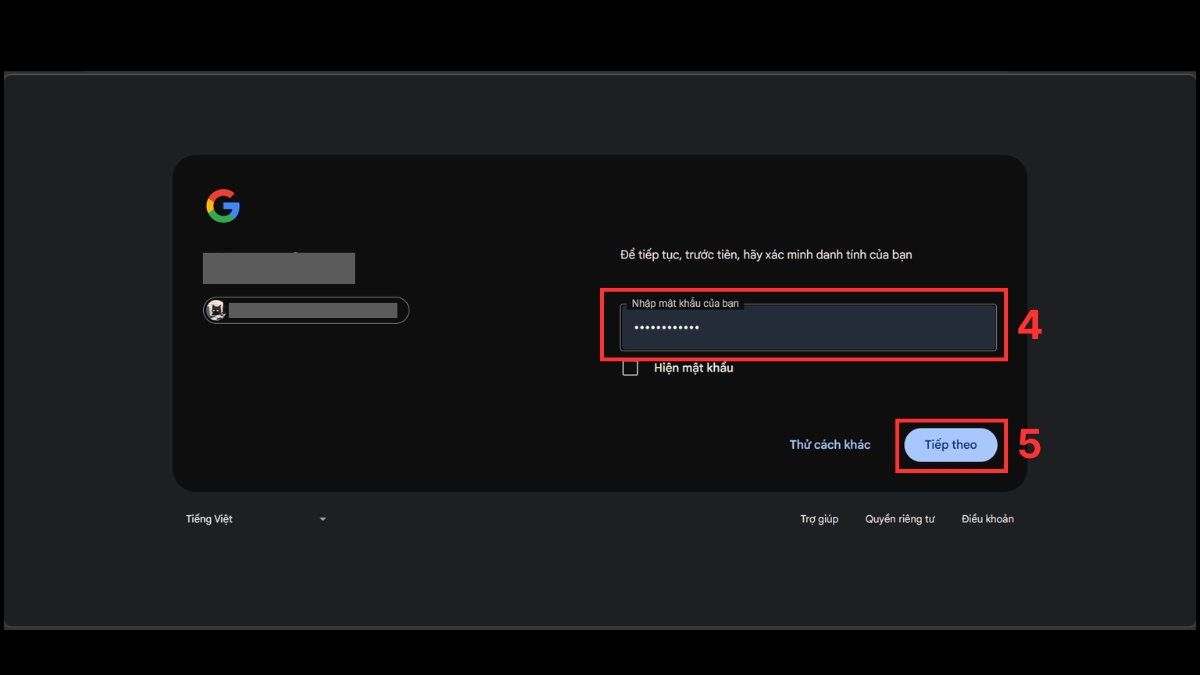 Nhập mật khẩu và chọn Tiếp theo