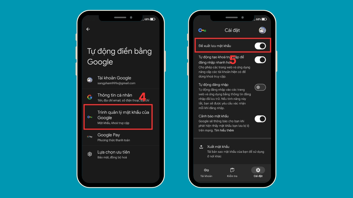 Bật Đề xuất lưu mật khẩu