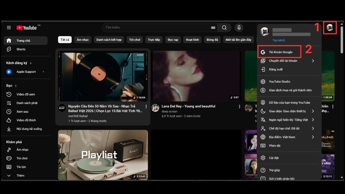 Tìm đến mục Tài khoản Google trong YouTube