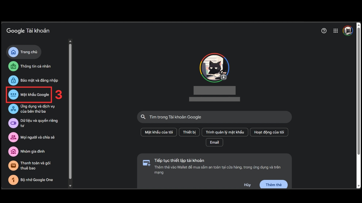 Chọn thẻ Mật khẩu Google