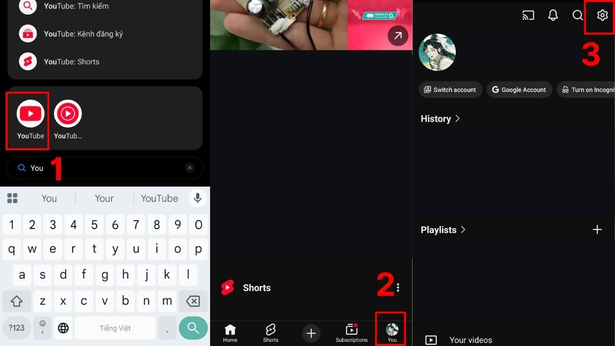 Mở cài đặt trên app YouTube