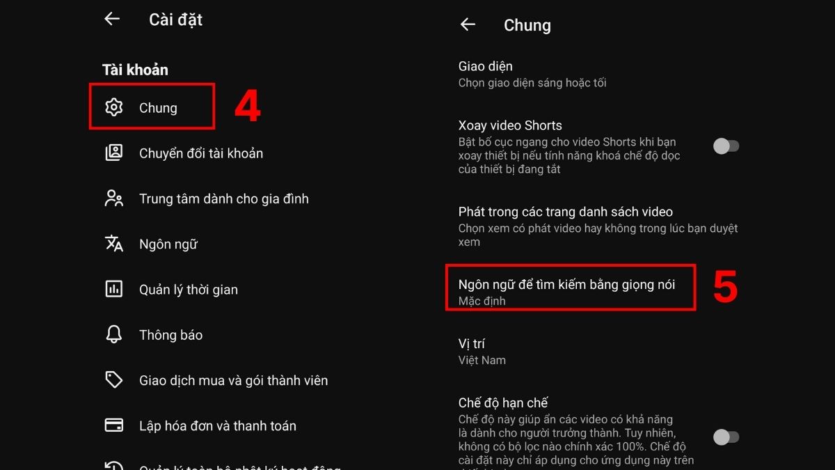 Chọn mục Chung và Ngôn ngữ tìm kiếm bằng giọng nói