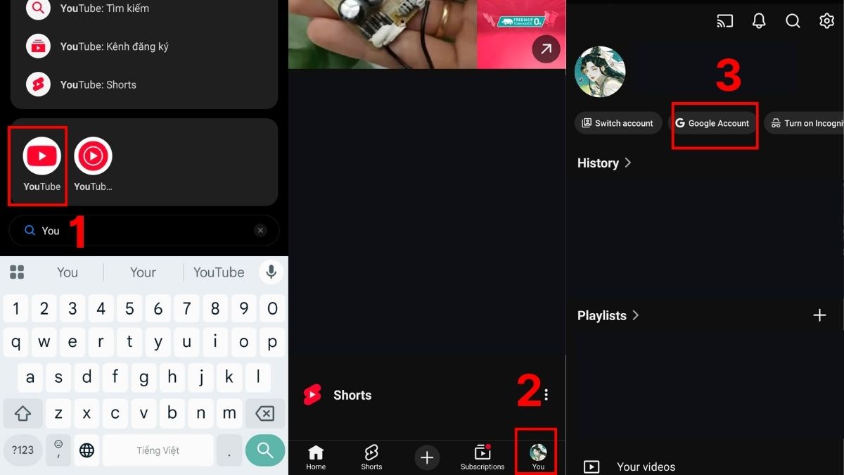 Mở YouTube và chọn Tài khoản Google