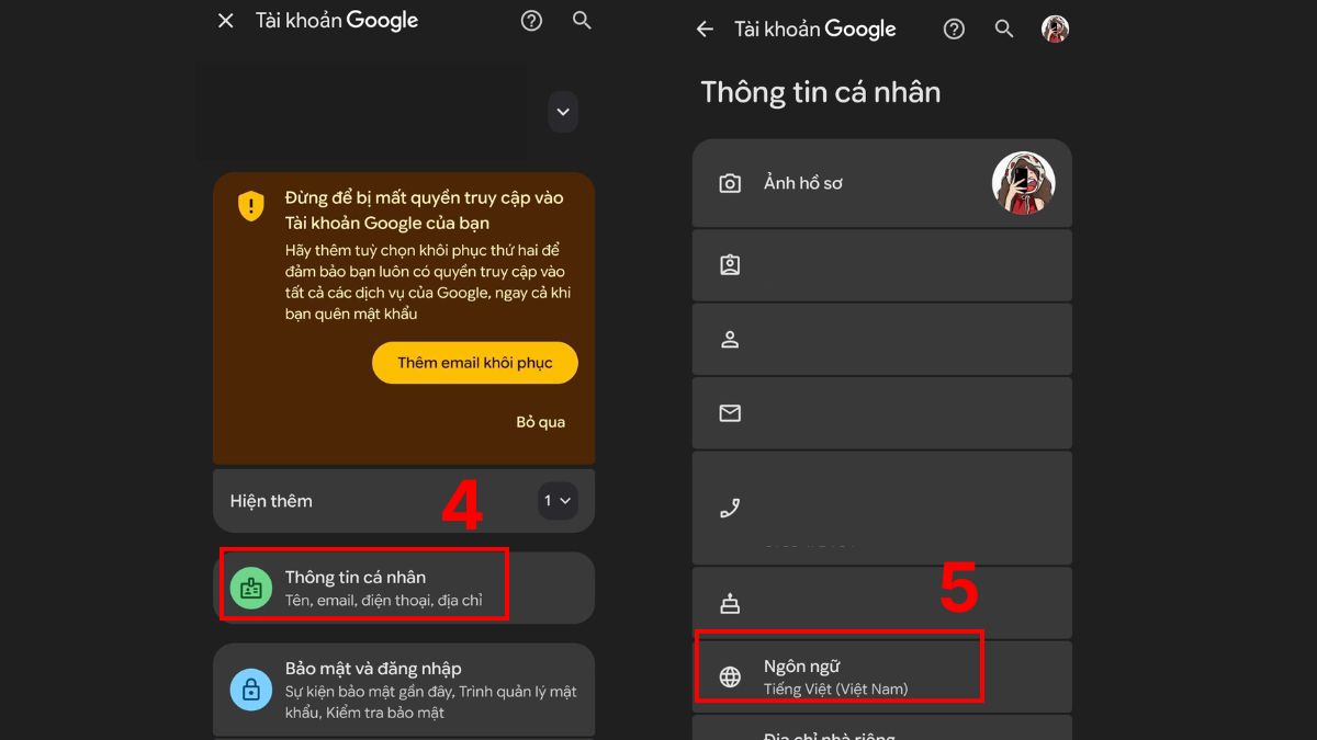 Chọn Thông tin cá nhân và mục Ngôn ngữ