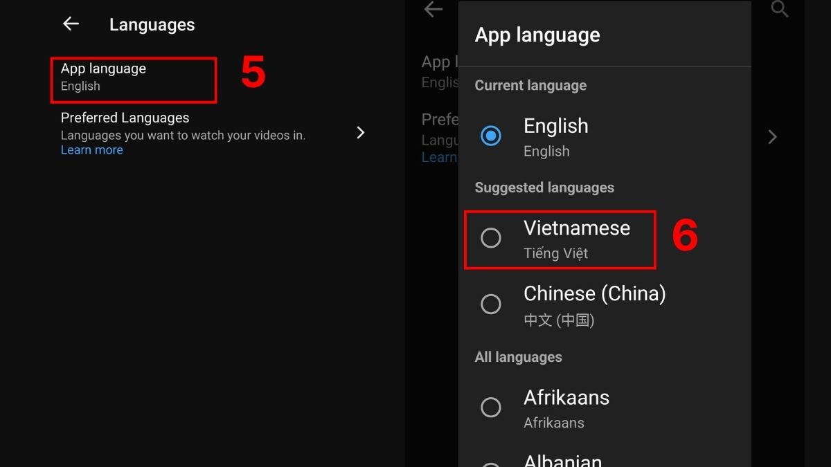 Chọn ngôn ngữ và bấm Change