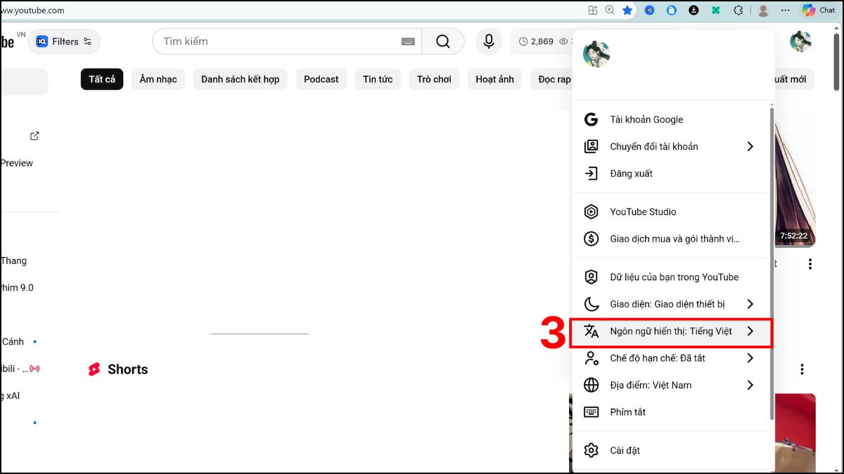 Nhấn trực tiếp vào ngôn ngữ hiển thị